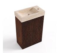 Saniclass Holz Atelier Ensemble de meuble de toilettes - 40x60.5cm - 1 porte - lave-mains travertin - trou de robinet à droite - chêne charcoal SW1420820/SW1244452