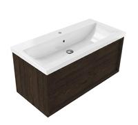 Saniclass Holz Frame Ensemble de meuble de salle de bains - 100x45x43.5cm - lavabo Bari en céramique blanc - 1 vasque - 1 trou de robinetterie - 1 tiroir - chêne charcoal mat (bois) SW1420770/SW24929
