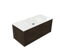 Saniclass Holz Frame Ensemble meuble de salle de bains - 100x45x41.5cm - Flow lavabo en solid surface blanc - 1 vasque - 1 trou de robinet - 1 tiroir - chêne charcoal mat (bois) SW1420770/SW1174115