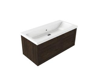 Saniclass Holz Frame Ensemble meuble de salle de bains - 100x45x43.5cm - Bari lavabo en céramique blanc - 1 vasque - sans trou de robinet - 1 tiroir - chêne charcoal mat (bois) SW1420770/SW24928