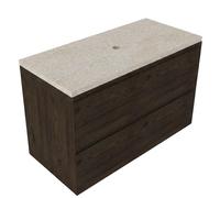 Saniclass Holz Pure Ensemble meuble de salle de bains - 100x45x63cm - Plan de travail en pierre naturelle travertin - sans trou de robinet - 2 tiroirs - chêne charcoal mat (bois) SW1420788/SW1242429