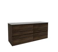 Saniclass Holz Pure Ensemble meuble de salle de bains - 160x45x60cm - 4 tiroirs - 2 vasques - 2 trous de robinet - trop-plein - Chêne charcoal SW1420793/SW761663