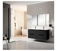 Saniclass Prime Balance Ensemble meuble de salle de bains - 120x55x45cm - 2 vasques ovales en céramique blanche - 2 trous de robinet - 4 tiroirs - miroir rectangulaire - noir mat 2xSW892618/SW718719/S