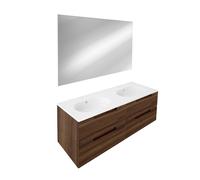 Saniclass Prime Balance Ensemble meuble de salle de bains - 120x55x45cm - 2 vasques ovales en céramique blanche - 2 trous de robinet - 4 tiroirs - miroir rectangulaire - noyer SW718719/SW724613/SW1027
