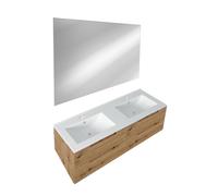 Saniclass Prime Balance Ensemble meuble de salle de bains - 120x55x45cm - 2 vasques rectangulaires en céramique blanche - 2 trous de robinet - 4 tiroirs - miroir rectangulaire - chêne rustique SW72461