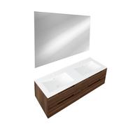 Saniclass Prime Balance Ensemble meuble de salle de bains - 120x55x45cm - 2 vasques rectangulaires en céramique blanche - 2 trous de robinet - 4 tiroirs - miroir rectangulaire - noyer SW724613/SW80453