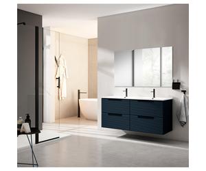 Saniclass Prime Balance Ensemble meuble de salle de bains - 120x55x45cm - 2 vasques rectangulaires en céramique blanche - 2 trous de robinet - 4 tiroirs - miroir rectangulaire - bleu marine mat 2xSW89