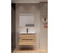Saniclass Prime Balance Ensemble meuble de salle de bains - 80x55x45cm - 1 vasque rectangulaire en céramique blanche - 1 trou de robinet - 2 tiroirs - miroir rectangulaire - chêne rustique SW724611/SW