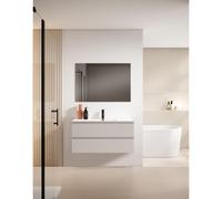 Saniclass Prime Blend Ensemble meuble de salle de bains - 100x55x46cm - 1 vasque rectangulaire en céramique blanche - 1 trou de robinet - 2 tiroirs - miroir rectangulaire - coton mat (beige) SW892648/