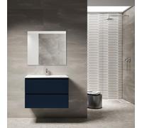 Saniclass Prime Blend Ensemble meuble de salle de bains - 80x55x46cm - 1 vasque ovale en céramique blanche - 1 trou de robinet - 2 tiroirs - miroir rectangulaire - bleu marine mat SW892644/SW718717/SW