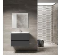 Saniclass Prime Blend Ensemble meuble de salle de bains - 80x55x46cm - 1 vasque ovale en céramique blanche - 1 trou de robinet - 2 tiroirs - miroir rectangulaire - anthracite mat SW892645/SW718717/SW7