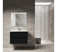 Saniclass Prime Blend Ensemble meuble de salle de bains - 80x55x46cm - 1 vasque rectangulaire en céramique blanche - 1 trou de robinet - 2 tiroirs - miroir rectangulaire - bleu marine mat SW892644/SW8