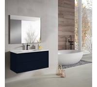 Saniclass Prime Core Ensemble meuble de salle de bains - 100x50x45cm - 1 vasque rectangulaire en céramique blanche - 1 trou de robinet - 2 tiroirs - miroir rectangulaire - bleu marine mat SW892686/SW8