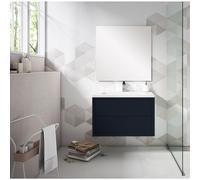 Saniclass Prime Core Ensemble meuble de salle de bains - 80x50x45cm - 1 vasque ovale en céramique blanche - 1 trou de robinet - 2 tiroirs - miroir rectangulaire - bleu marine mat SW892682/SW718717/SW7