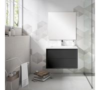 Saniclass Prime Core Ensemble meuble de salle de bains - 80x50x45cm - 1 vasque ovale en céramique blanche - 1 trou de robinet - 2 tiroirs - miroir rectangulaire - noir mat SW892683/SW718717/SW724611