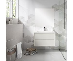 Saniclass Prime Core Ensemble meuble de salle de bains - 80x50x45cm - 1 vasque rectangulaire en céramique blanche - 1 trou de robinet - 2 tiroirs - miroir rectangulaire - mat cotton (beige) SW892681/S