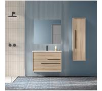 Saniclass Prime Essential Ensemble de meubles de salle de bains - 80x55x46cm - 1 vasque rectangulaire blanche - 1 trou de robinet - 2 tiroirs - miroir rectangulaire - chêne clair SW892663/SW804531/SW7