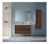 Saniclass Prime Essential Ensemble meuble de salle de bains - 100x55x46cm - 1 vasque rectangulaire blanche - 1 trou de robinet - 2 tiroirs - miroir rectangulaire - noyer (bois) SW892669/SW804532/SW724