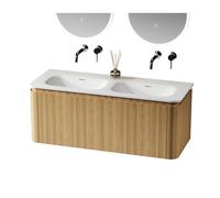 Saniclass Terra Ensemble meuble de salle de bain - 120x42x45,5 cm - lavabo en surface solide blanc mat - 2 vasques - 2 tiroirs - Sandwood (chêne clair) SW1174101/SW1418386