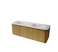 Saniclass Terra Ensemble meuble de salle de bains - 140cm - 4 tiroirs - coins arrondis - 2 vasques - 2 trous de robinet - sandwood (chêne clair) SW1174103/SW1418361