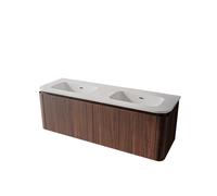 Saniclass Terra Ensemble meuble de salle de bains - 140cm - 4 tiroirs - coins arrondis - 2 vasques - sans trous de robinet - châtaignier (noyer) SW1174104/SW1418360