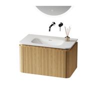 Saniclass Terra Ensemble meuble de salle de bains - 80cm - 2 tiroirs - vasque en solid surface - 1 lavabo - sans trous de robinet - coins arrondis - sandwood (Chene clair) SW1174097/SW1418390