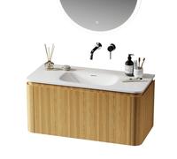 Saniclass Terra Meuble sous lavabo - 100cm - 2 tiroirs - lavabo en solid surface - 1 cuve - sans trous de robinet - coins arrondis - sandwood (chene clair) SW1174099/SW1418388