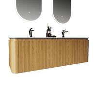 Saniclass Terra Meuble sous lavabo - 140cm - 4 tiroirs - lavabo solid surface - 2 vasques - 2 trous de robinet - coins arrondis - sandwood (Chene clair) SW1174103/SW1418385