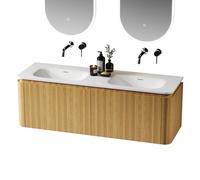 Saniclass Terra Meuble sous lavabo - 140cm - 4 tiroirs - lavabo solid surface - 2 vasques - sans trous de robinet - coins arrondis - sandwood (Chene clair) SW1174103/SW1418384