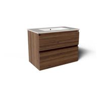 Saniclass Vita Meuble de salle de bains - 80x60x46cm - 2 tiroirs - sans poignée - 1 lavabo - sans percage robinet - trop-plein - céramique - noyer SW773926/SW1413848