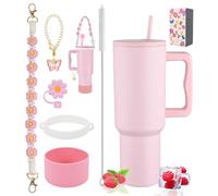 Sanilinwild Gobelet de 1200 ml avec poignée, paille et 6 accessoires de tasse - Tasse de voyage sans BPA - Facile à transporter - Passe au lave-vaisselle - Cadeau de vacances pour homme et femme (rose