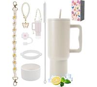 Sanilinwild Gobelet de 1200 ml avec poignée, paille et 6 accessoires de tasse - Tasse de voyage sans BPA - Facile à transporter - Passe au lave-vaisselle - Cadeau de vacances pour homme et femme