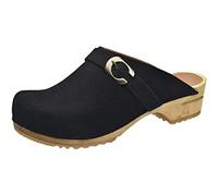 Sanita Hedi | Sabots Ouverts | Produit Original Fabriqué à la Main pour Femme | Sabots en Cuir avec Semelle en Bois | Noir | 40 EU