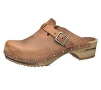 Sanita Kristel | Sabots Ouverts | Produit Original Fabriqué à la Main pour Femme | Sabots en Cuir avec Semelle en Bois | Marron | 38 EU