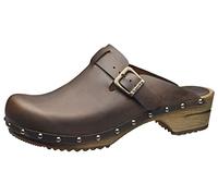 Sanita Kristel | Sabots Ouverts | Produit Original Fabriqué à la Main pour Femme | Sabots en Cuir avec Semelle en Bois | Marron foncé | 38 EU