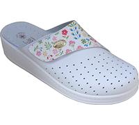 Sanital Light - Mule Femme 4358 en Cuir avec Motif Floral - Semelle Intérieure Anti-Choc - Semelle Légère Antidérapante - Fermeture à Sangle Ajustable - BLANC 39