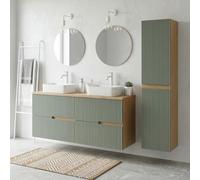 SANIVERRE Ensemble Meuble Double Vasque à Poser L. 120 cm + 1 Colonne Chêne Naturel 4 tiroirs Vert Sauge cannelé Collection Salle de Bain EVA