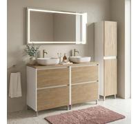 SANIVERRE Ensemble Meuble Double Vasque à Poser L. 120 cm + 1 Colonne sur Pied Blanc laqué 4 tiroirs Chêne Naturel Collection Salle de Bain LISBONA