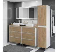 SANIVERRE Ensemble Meuble Double Vasque à Poser L. 120 cm + 1 Colonne sur Pied Blanc laqué 6 tiroirs Chêne Naturel Collection Salle de Bain LISBONA