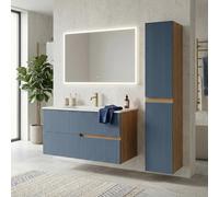 SANIVERRE Ensemble Meuble Simple Vasque L.100cm + 1 Colonne à Suspendre Chêne Naturel 2 tiroirs Bleu Mer cannelé Collection Salle de Bain EVA