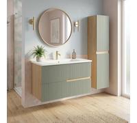 SANIVERRE Ensemble Meuble Simple Vasque L.100cm + 1 Colonne à Suspendre Chêne Naturel 2 tiroirs Vert Sauge cannelé Collection Salle de Bain EVA