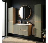 SANIVERRE Ensemble Meuble Simple Vasque L.100cm + 2 colonnes à Suspendre Chêne Naturel 2 tiroirs Vert Sauge cannelé Collection Salle de Bain EVA