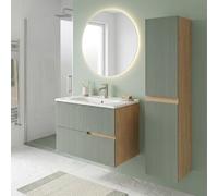 SANIVERRE Ensemble Meuble Simple Vasque L.60cm + 1 Colonne à Suspendre Chêne Naturel 2 tiroirs Vert Sauge cannelé Collection Salle de Bain EVA