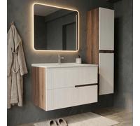 SANIVERRE Ensemble Meuble Simple Vasque L.80cm + 1 Colonne à Suspendre Chêne Moka 2 tiroirs Blanc Brillant cannelé Collection Salle de Bain EVA