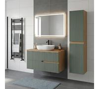 SANIVERRE Ensemble Meuble Vasque à Poser L.100cm + 1 Colonne Suspendu Chêne Naturel 2 tiroirs Vert Sauge cannelé Collection Salle de Bain EVA