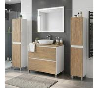 SANIVERRE Ensemble Meuble Vasque à Poser L.100cm + 2 colonnes sur Pied Blanc laqué 2 tiroirs Chêne Naturel Collection Salle de Bain LISBONA
