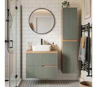 SANIVERRE Ensemble Meuble Vasque à Poser L.60cm + 1 Colonne Suspendu Chêne Naturel 2 tiroirs Vert Sauge cannelé Collection Salle de Bain EVA