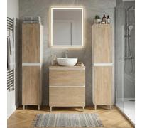 SANIVERRE Ensemble Meuble Vasque à Poser L.60cm + 2 colonnes sur Pied Blanc laqué 2 tiroirs Chêne Naturel Collection Salle de Bain LISBONA