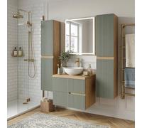 SANIVERRE Ensemble Meuble Vasque à Poser L.60cm + 2 colonnes Suspendu Chêne Naturel 2 tiroirs Vert Sauge cannelé Collection Salle de Bain EVA
