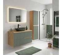 SANIVERRE Ensemble Meuble Vasque à Poser L.80cm + 1 Colonne Suspendu Chêne Naturel 2 tiroirs Vert Sauge cannelé Collection Salle de Bain EVA
